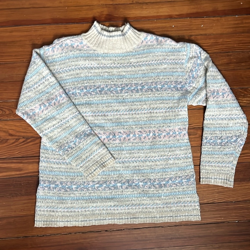 80s Pastel Knit Patterned Mock Neck Sweater - Oversized Small